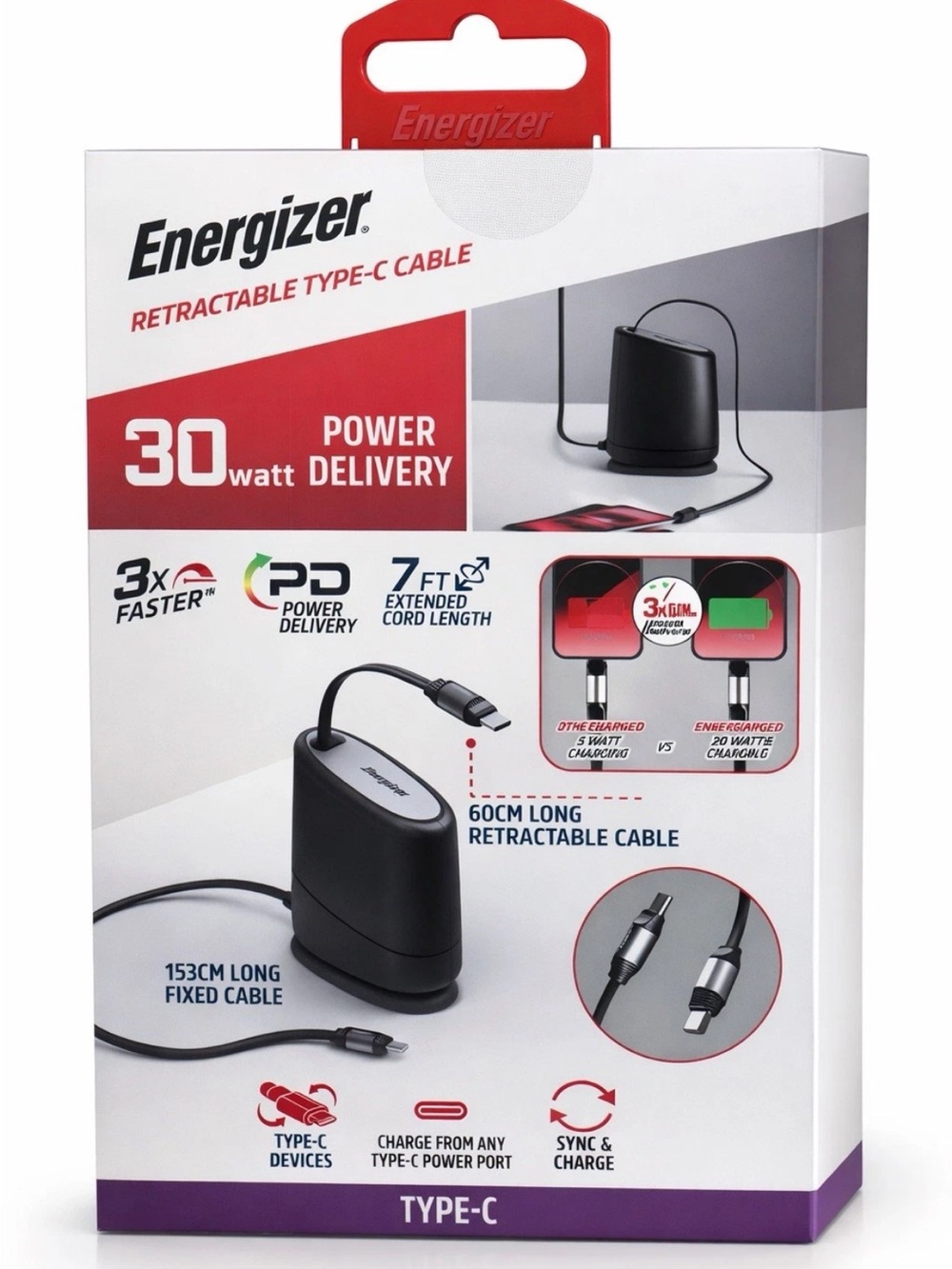 Energizer 30W Retractable Type-C Cable - Black